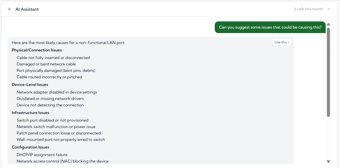 AI Assistant panel on a ticket: response sections with Use this buttons