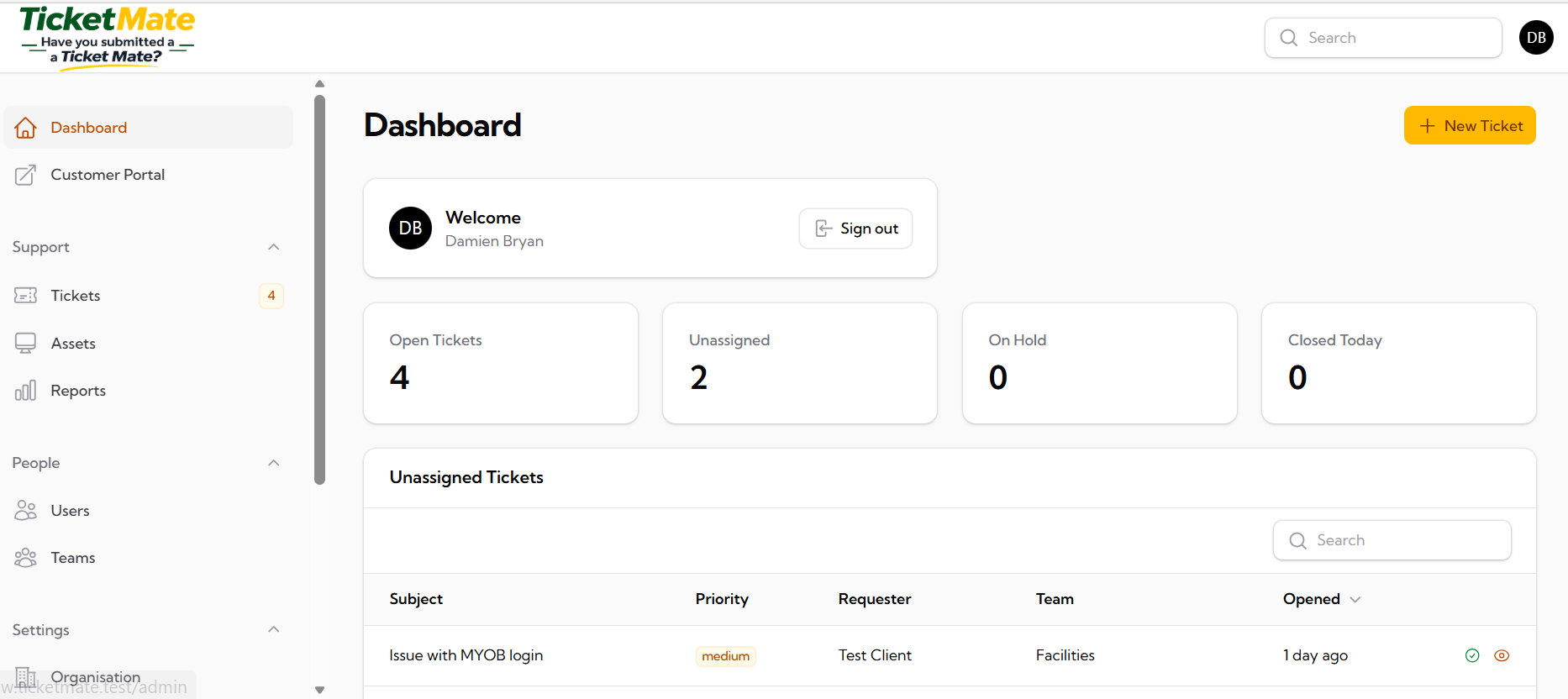 TicketMate dashboard, live ticket queue, SLA status, and team workload at a glance